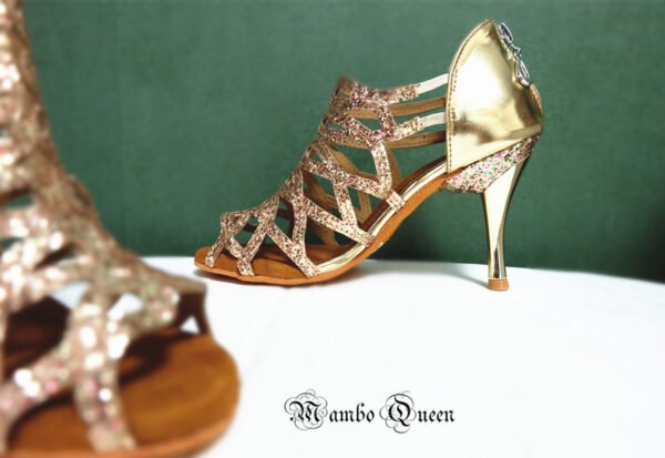 Latin dance shoes with gold and silver glitter fabric