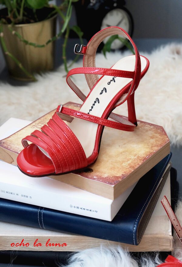 Tango shoes with asymmetrical design elements red color