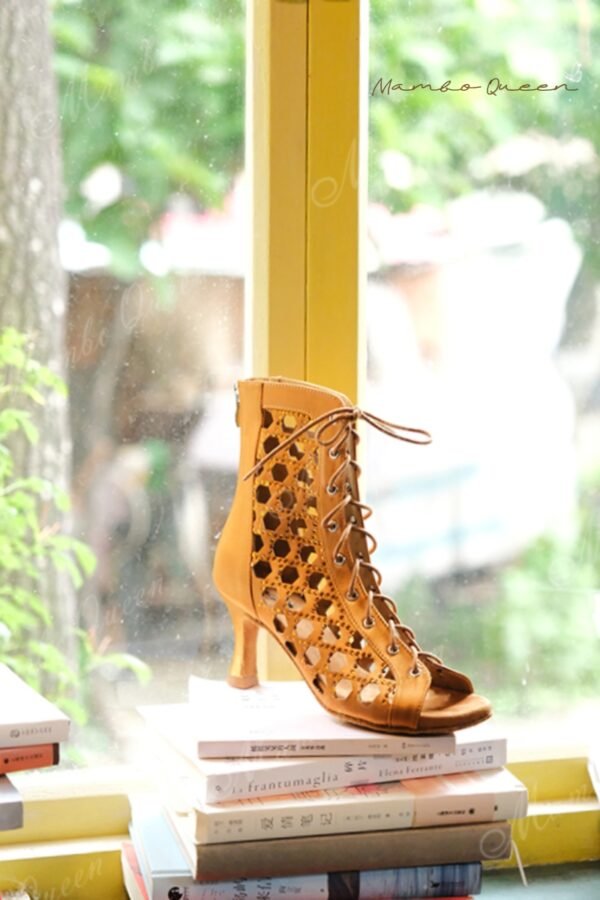 dance boots dark nude satin shoes with bronze rhinestones.