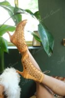 dance boots dark nude satin shoes with bronze rhinestones.