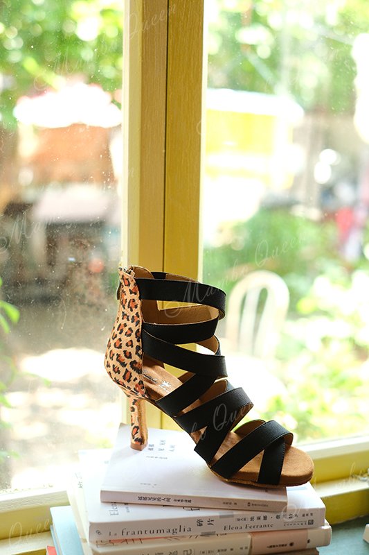 Latin dance shoes heels boots black with leopard print