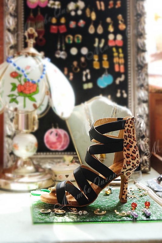 Latin dance shoes heels boots black with leopard print